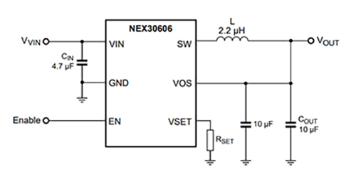 Schéma du circuit d'application - Nexperia Convertisseur abaisseur haute efficacité NEX30606